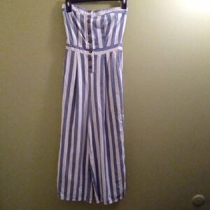Womans XS American Eagle Blue White Striped StraplessJumpsuit Relaxed Fit Pocket